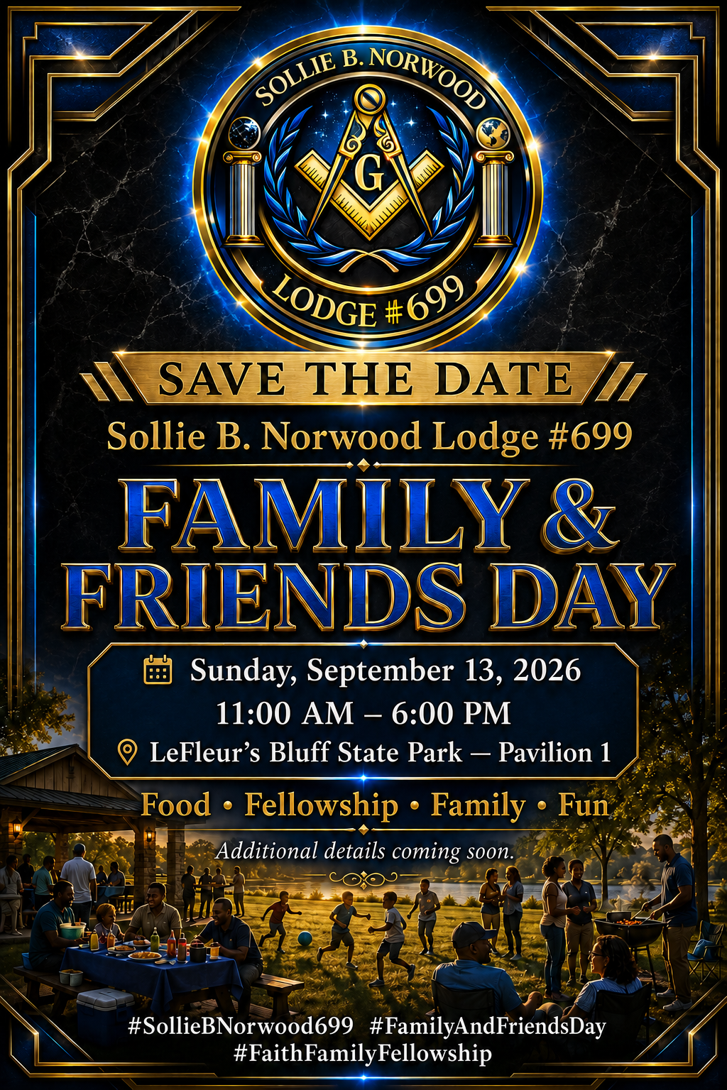 Family and Friends Day flyer for Sollie B. Norwood Lodge number 699, Sunday, September 13, 2026, from 11 a.m. to 6 p.m. at LeFleur’s Bluff State Park, Pavilion 1.